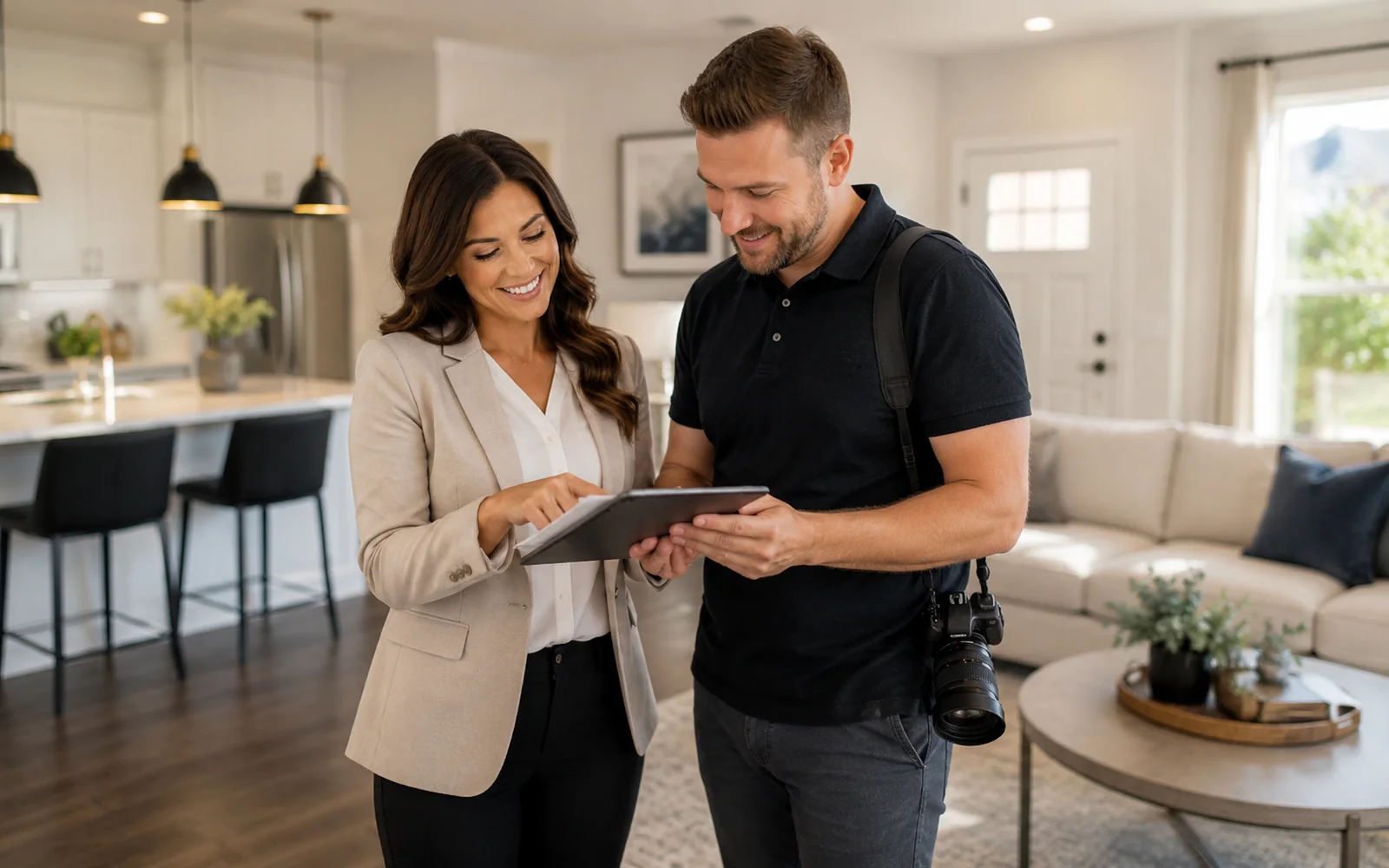 Realtor and property media professional reviewing a listing inside a staged home